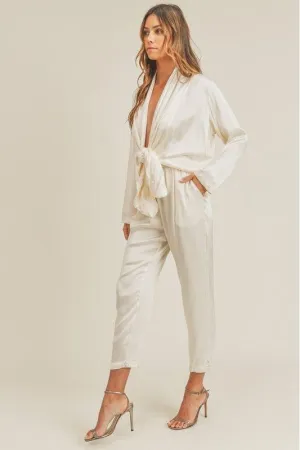 Satin Tie Front Jumpsuit- Ivory