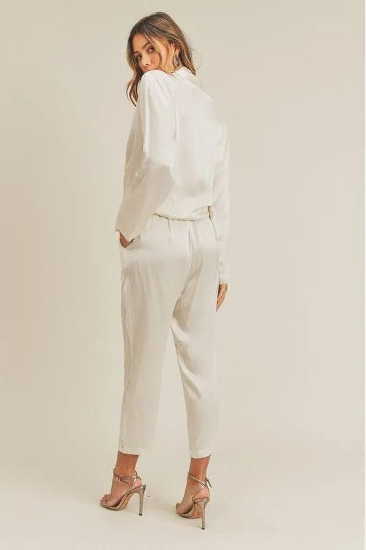 Satin Tie Front Jumpsuit- Ivory