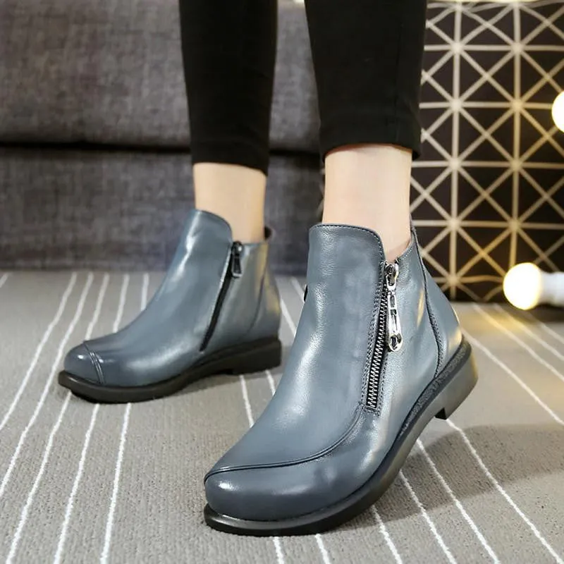 Short Flat Heels Shoes Genuine Leather Martin Boots Side Zipper Women Ankle Boots Plus Size 41-43 ZK3.5