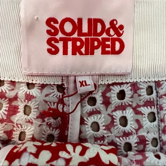 SOLID &amp; STRIPED Red and white Perforated floral-print cotton shorts x-Large
