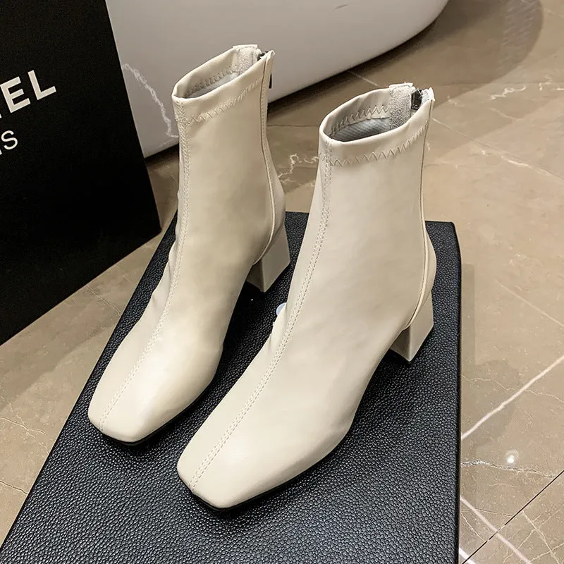 Southeast Asia Fashion Short Boots  Autumn and Winter New Korean Style Women's Martin Boots Square Toe Chunky Heel Casual Leather Boots