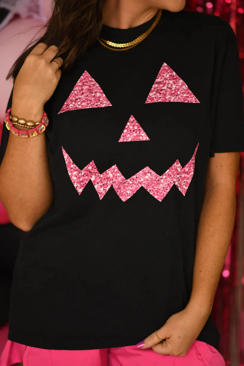Sparkly Pink Jack O Face Black Tee