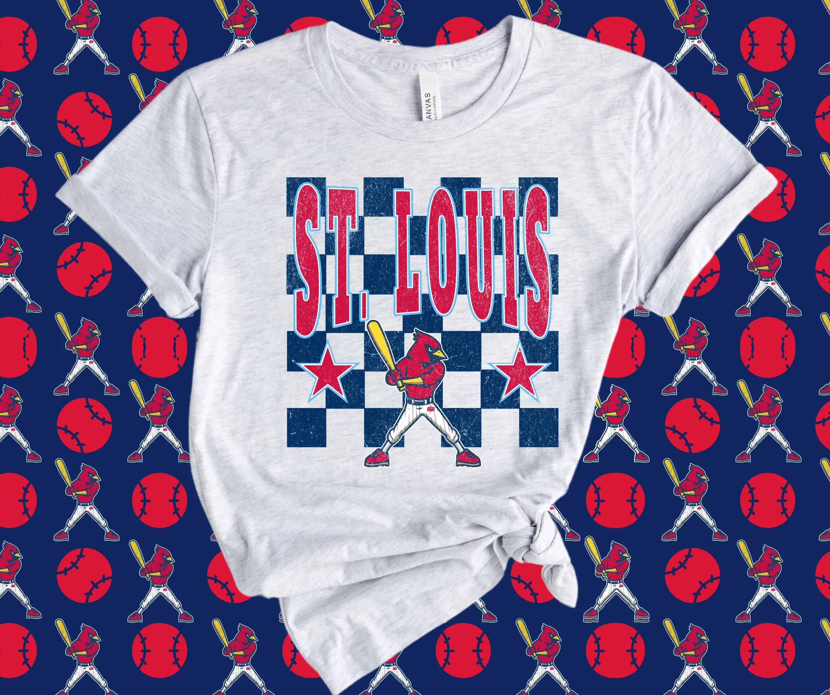 St. Louis Cardinal Mascot Checkered Ash Graphic Tee