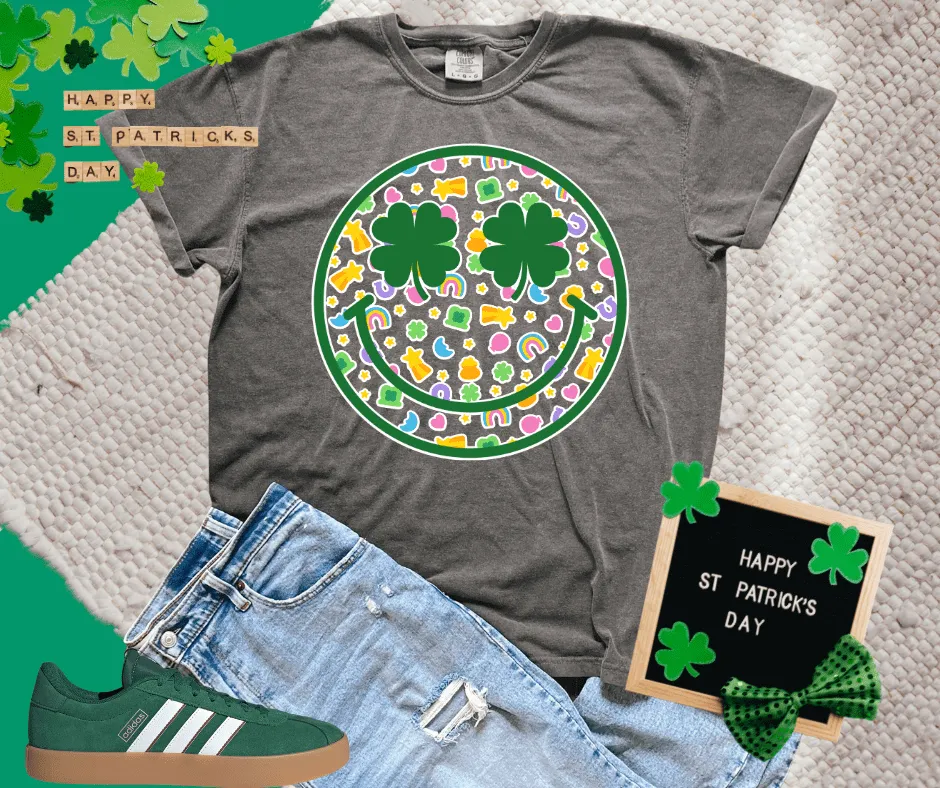 St Patricks Day Doodle Icons Happy Face Charcoal Tee