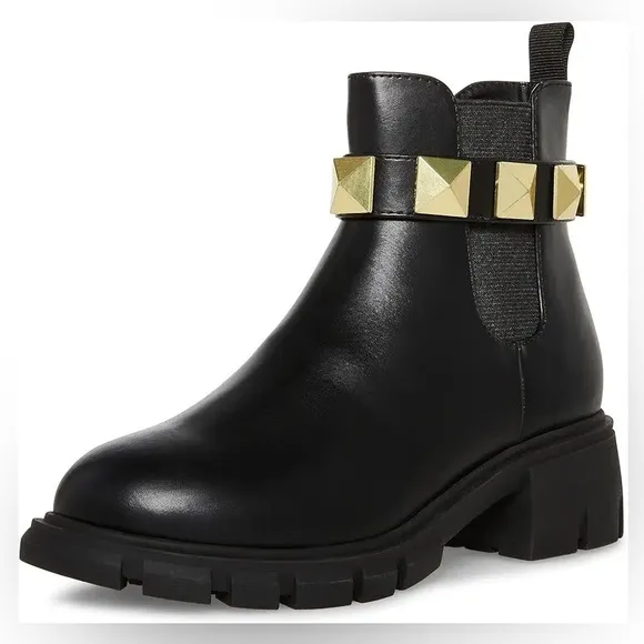 Steve Madden Girls Sugarr Little Kid/Big Kid Studded Ankle Boots Black Gold $65