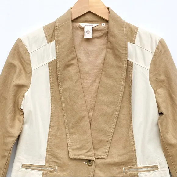 SUNDANCE Women’s Linen Tan Color-blocked Single Button Blazer size medium