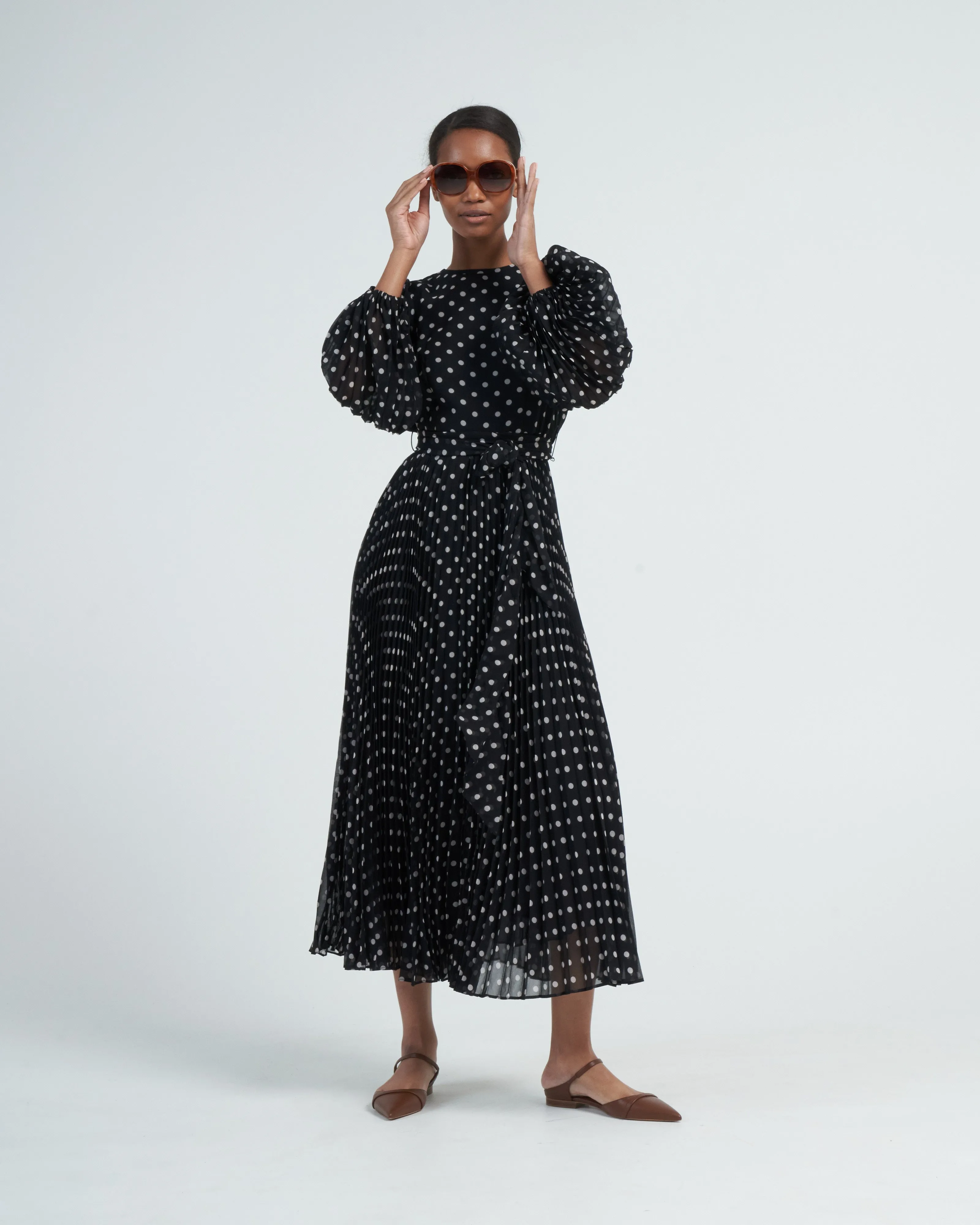 sunray long sleeve midi - black/cream dot