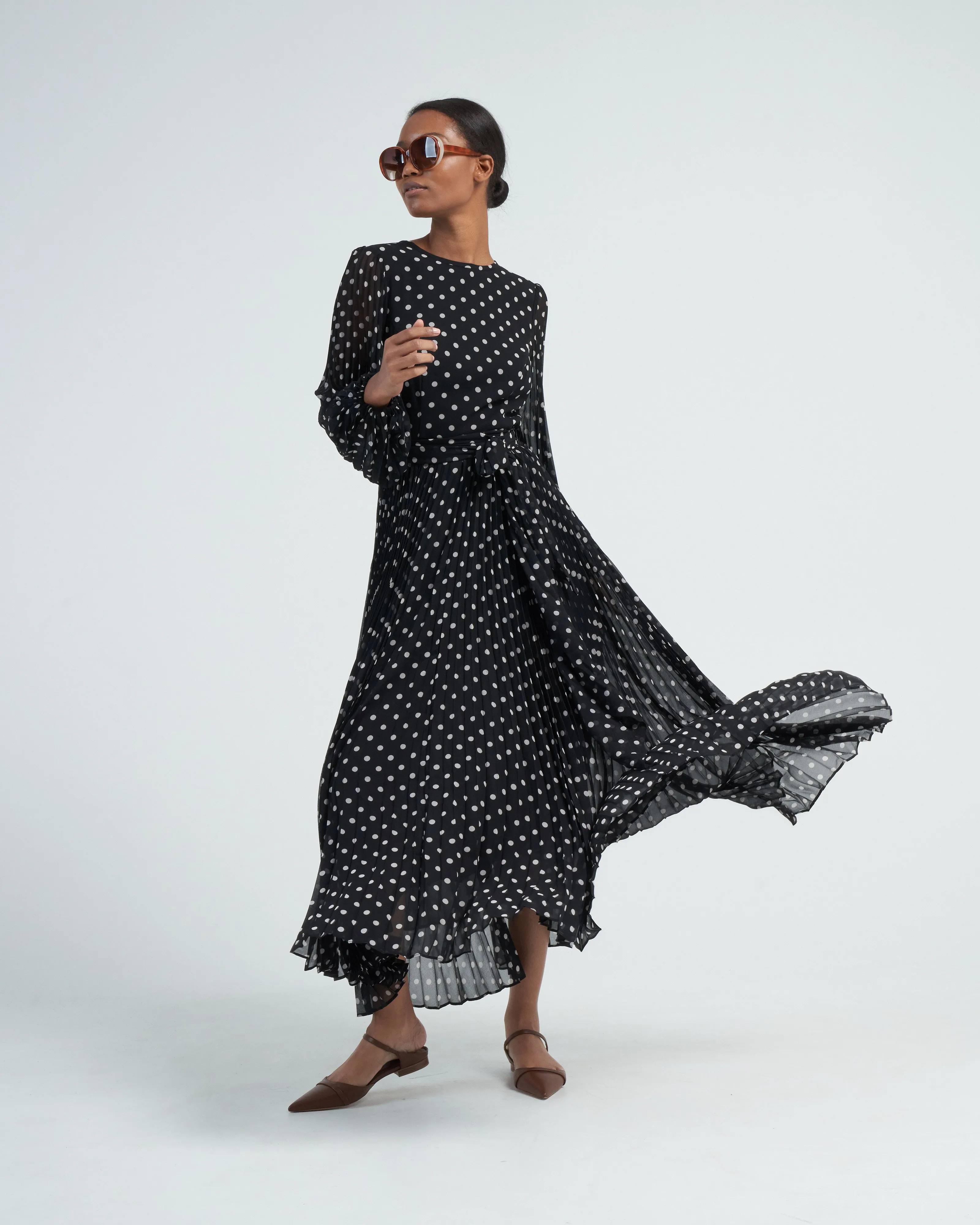 sunray long sleeve midi - black/cream dot
