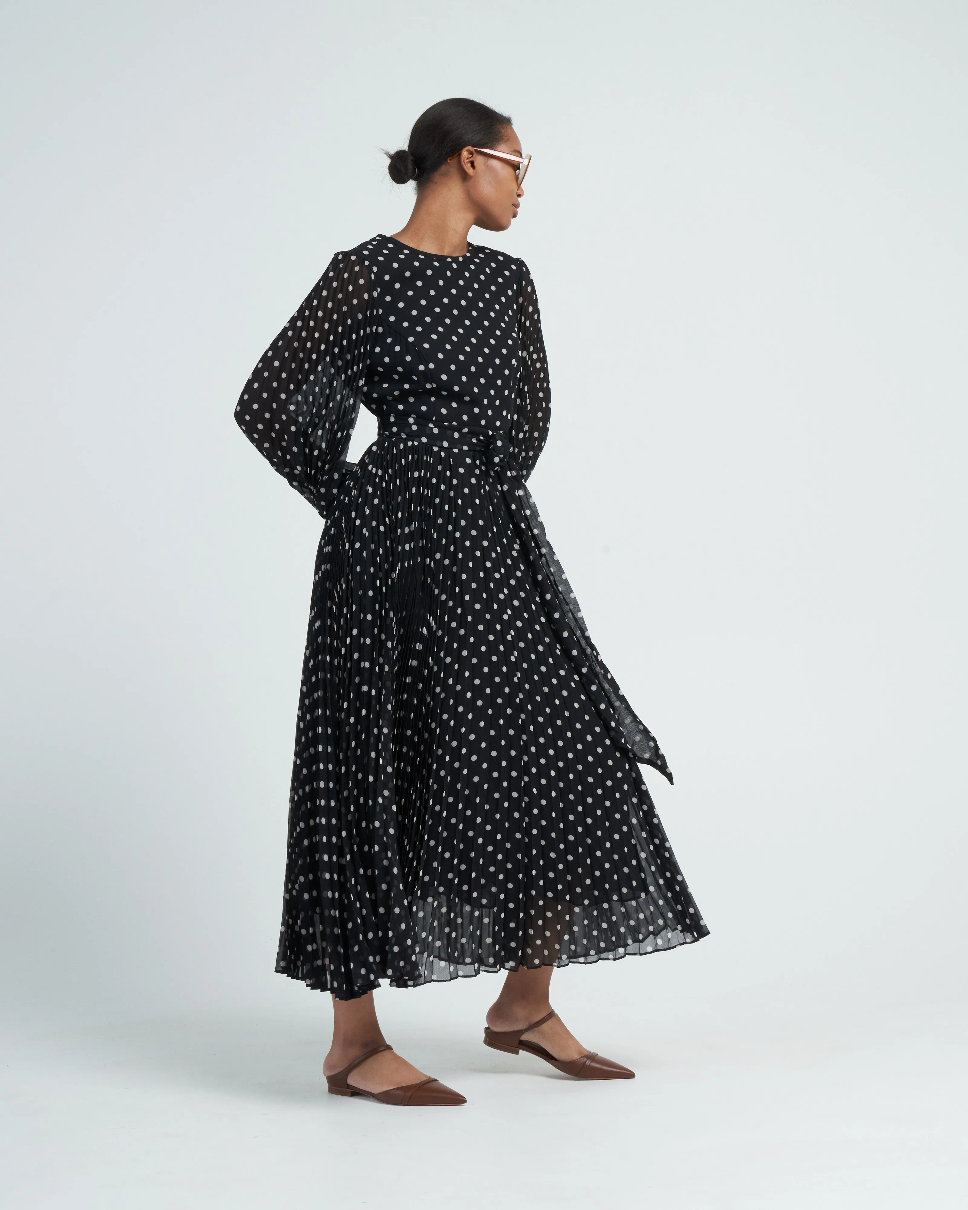 sunray long sleeve midi - black/cream dot