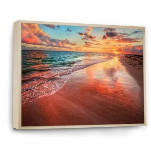 Sunset over an Ocean Beach Shore II - Photograph on Canvas East Urban Home Size: 16" H x 32" W x 1" D Format: Maple Floater Framed