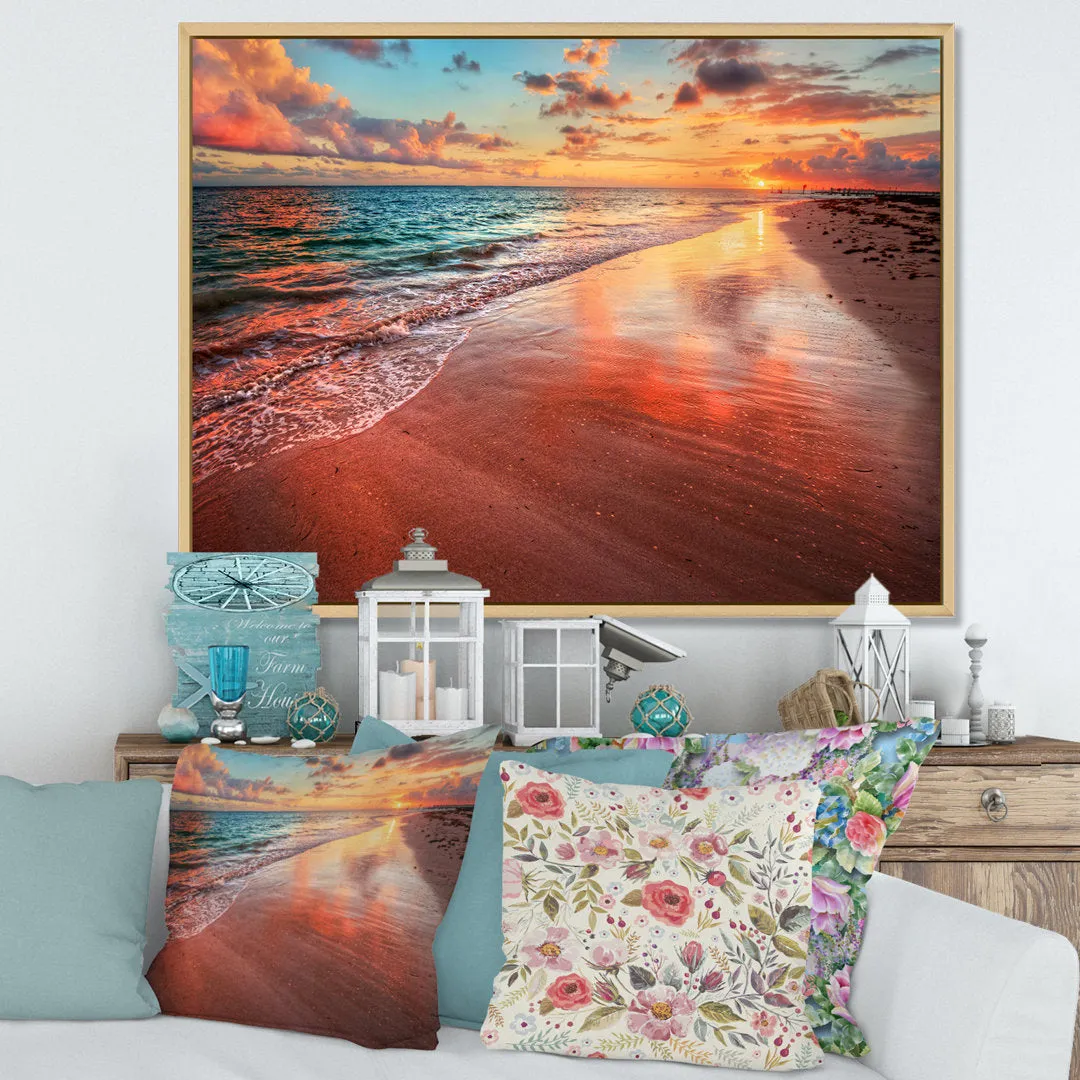 Sunset over an Ocean Beach Shore II - Photograph on Canvas East Urban Home Size: 16" H x 32" W x 1" D Format: Maple Floater Framed