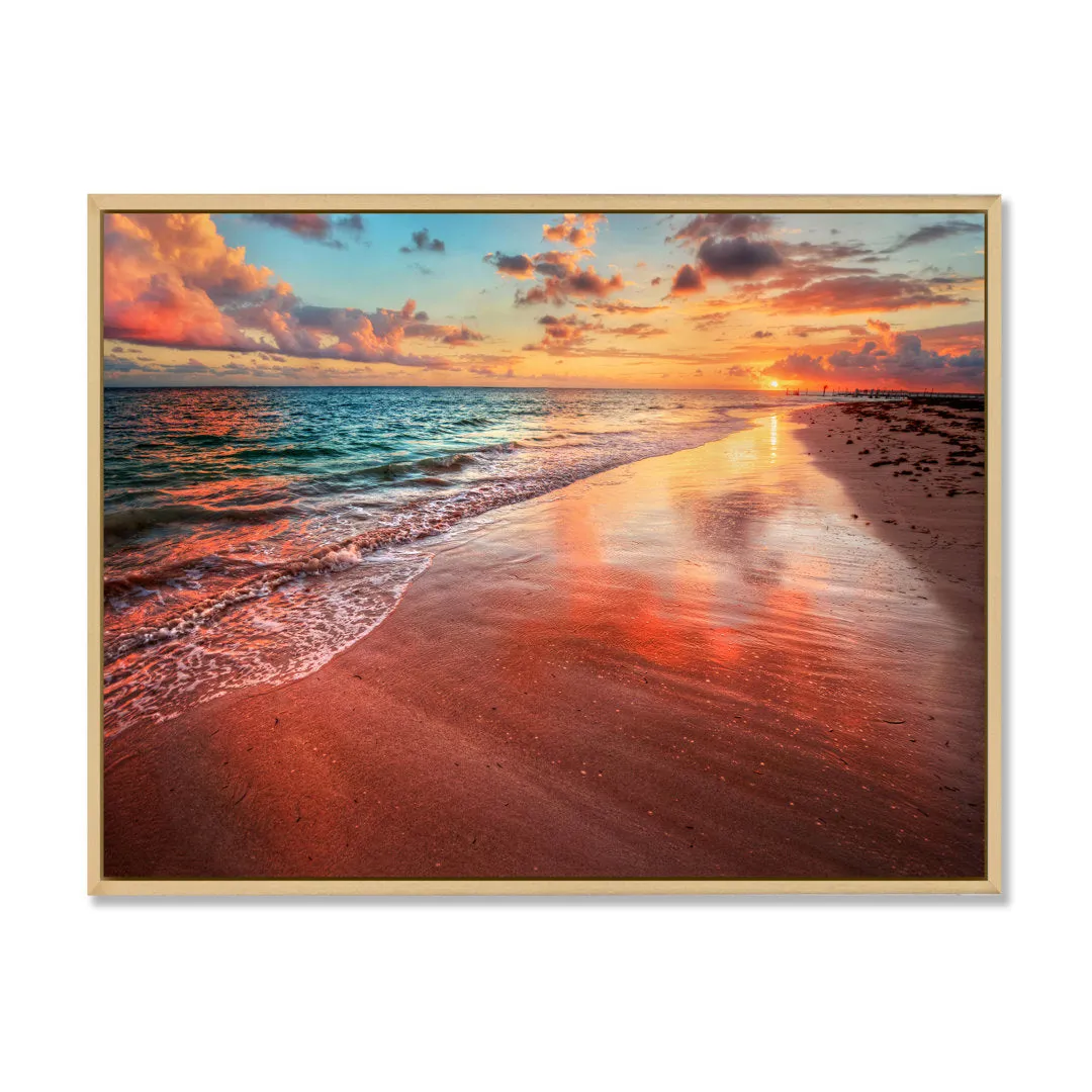 Sunset over an Ocean Beach Shore II - Photograph on Canvas East Urban Home Size: 16" H x 32" W x 1" D Format: Maple Floater Framed