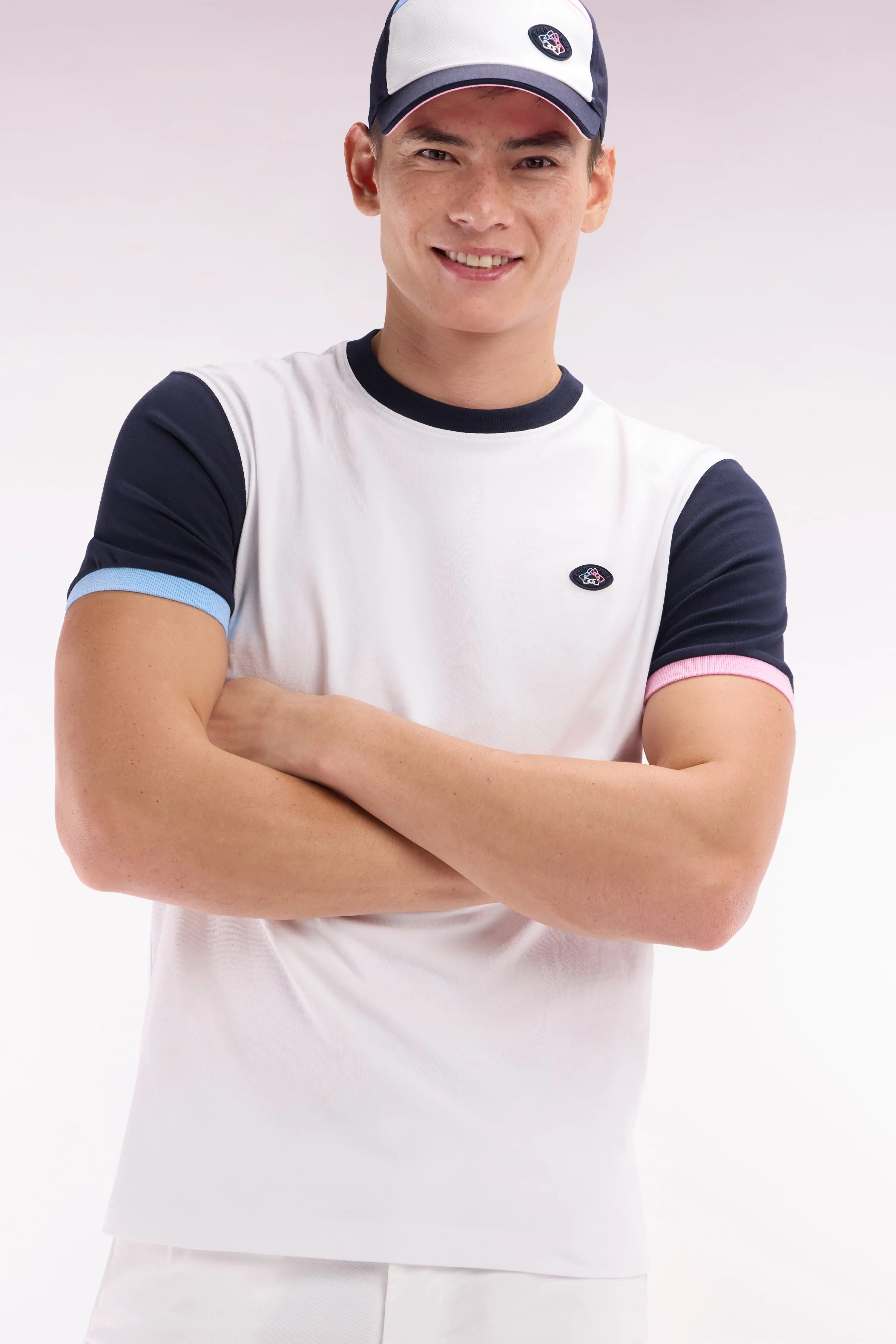 T-shirt colorblock brodé en coton blanc coupe droite