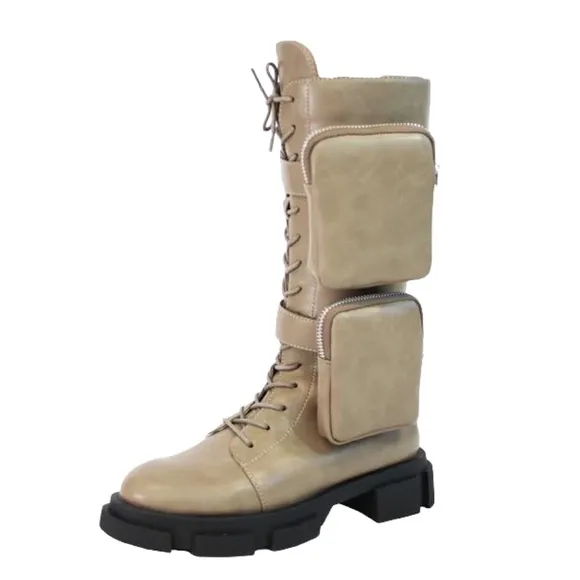 Tan Leather Lace-Up Knee High Cargo Boots