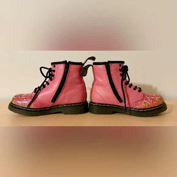 Toddler Dr. Marten Pink Patent Boots with Hand Painted Flowers US 9