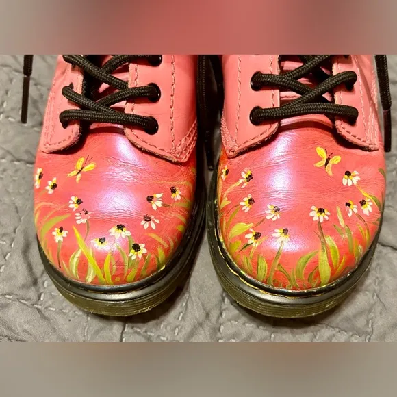 Toddler Dr. Marten Pink Patent Boots with Hand Painted Flowers US 9