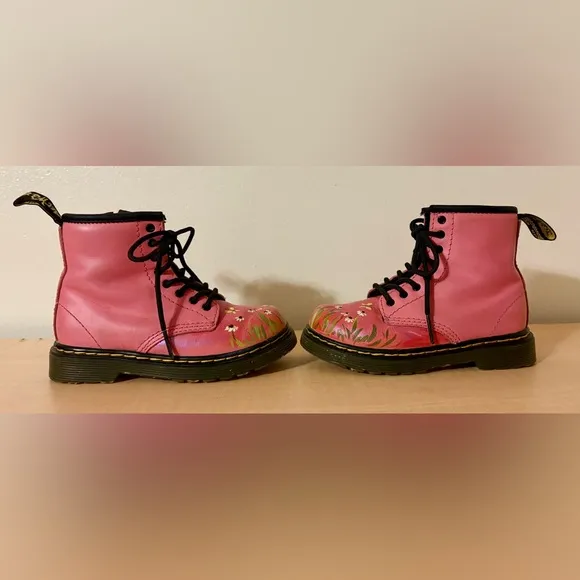 Toddler Dr. Marten Pink Patent Boots with Hand Painted Flowers US 9