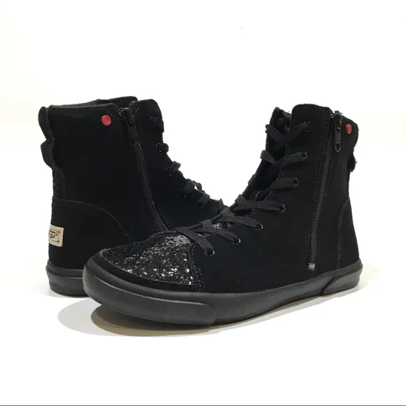 UGG I Heart Hi-Top Glitter Sneakers Booties -Black Suede -Big Girl US 5 -NEW