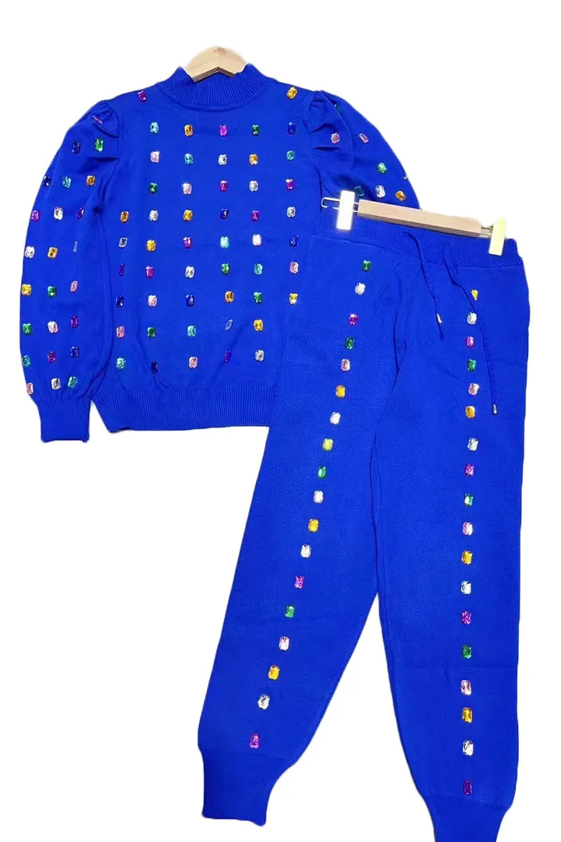 UI827 Knitted Rhinestone Top and Pants Sets
