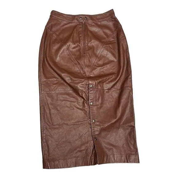 Vintage Greg Adams 9/10 leather high rise waist midi pencil skirt Retro Classic