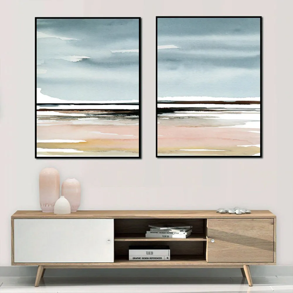 Wall Art 40cmx60cm Pink Beach Landscape 2 Sets Black Frame Canvas