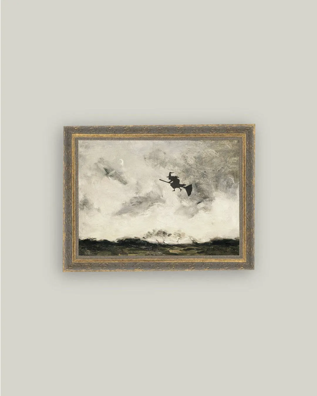 Witch Flying Through The Night Framed Antique Art