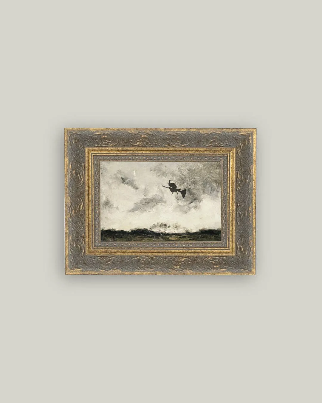 Witch Flying Through The Night Framed Antique Art