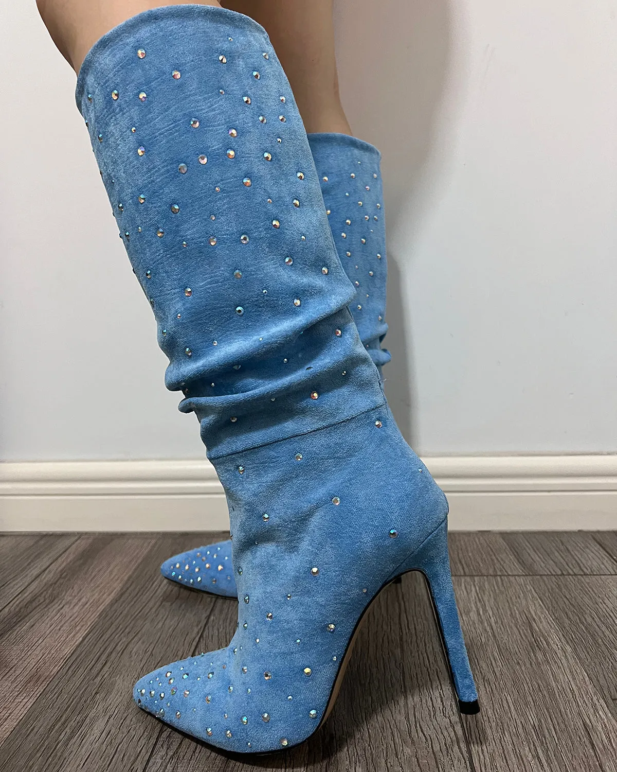 Women suede rhinestone stiletto high heel knee boots