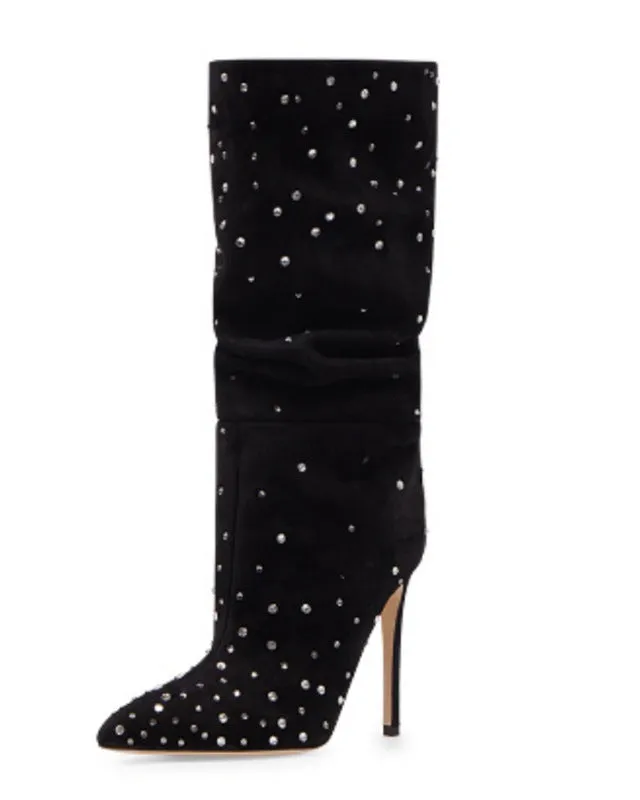 Women suede rhinestone stiletto high heel knee boots