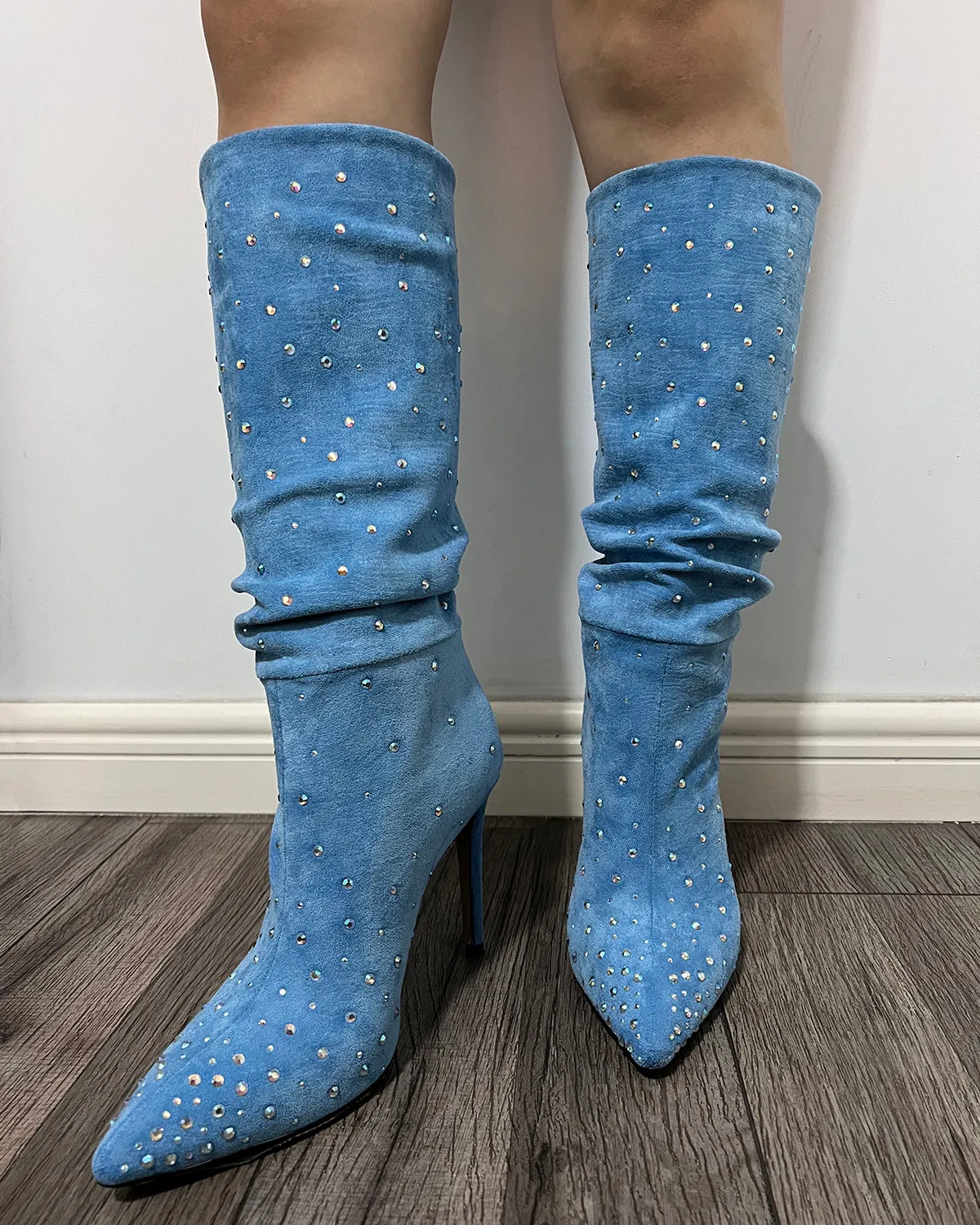 Women suede rhinestone stiletto high heel knee boots