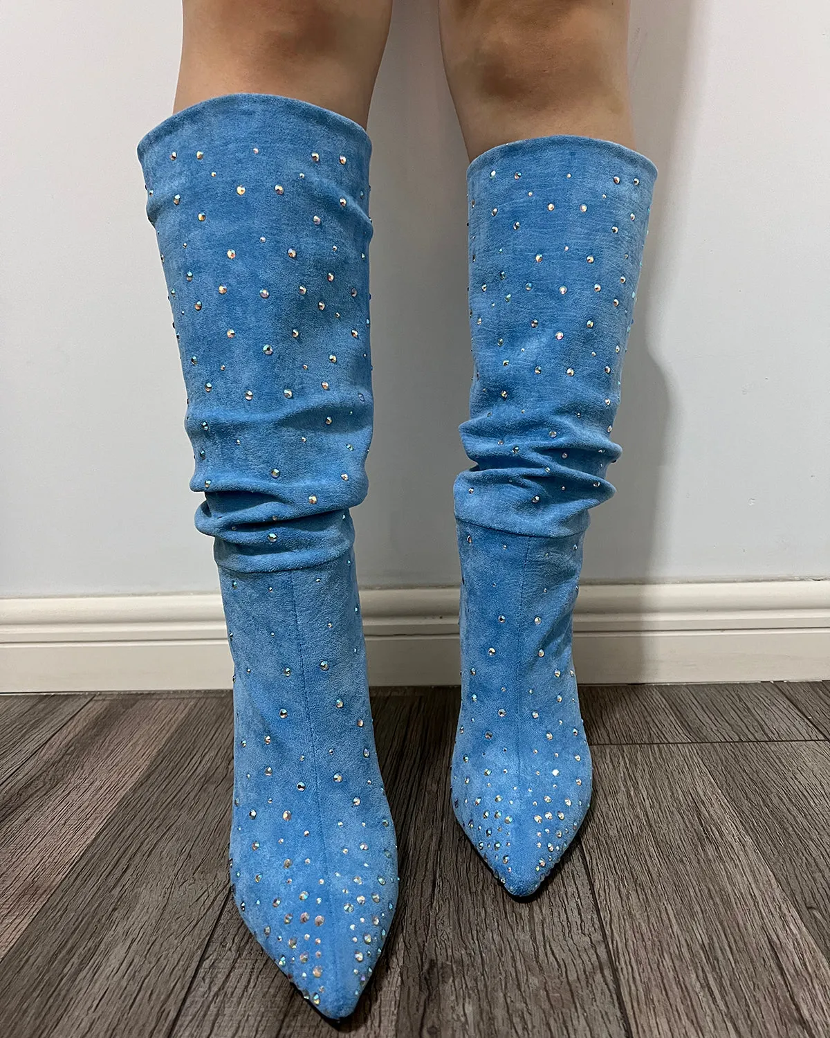 Women suede rhinestone stiletto high heel knee boots