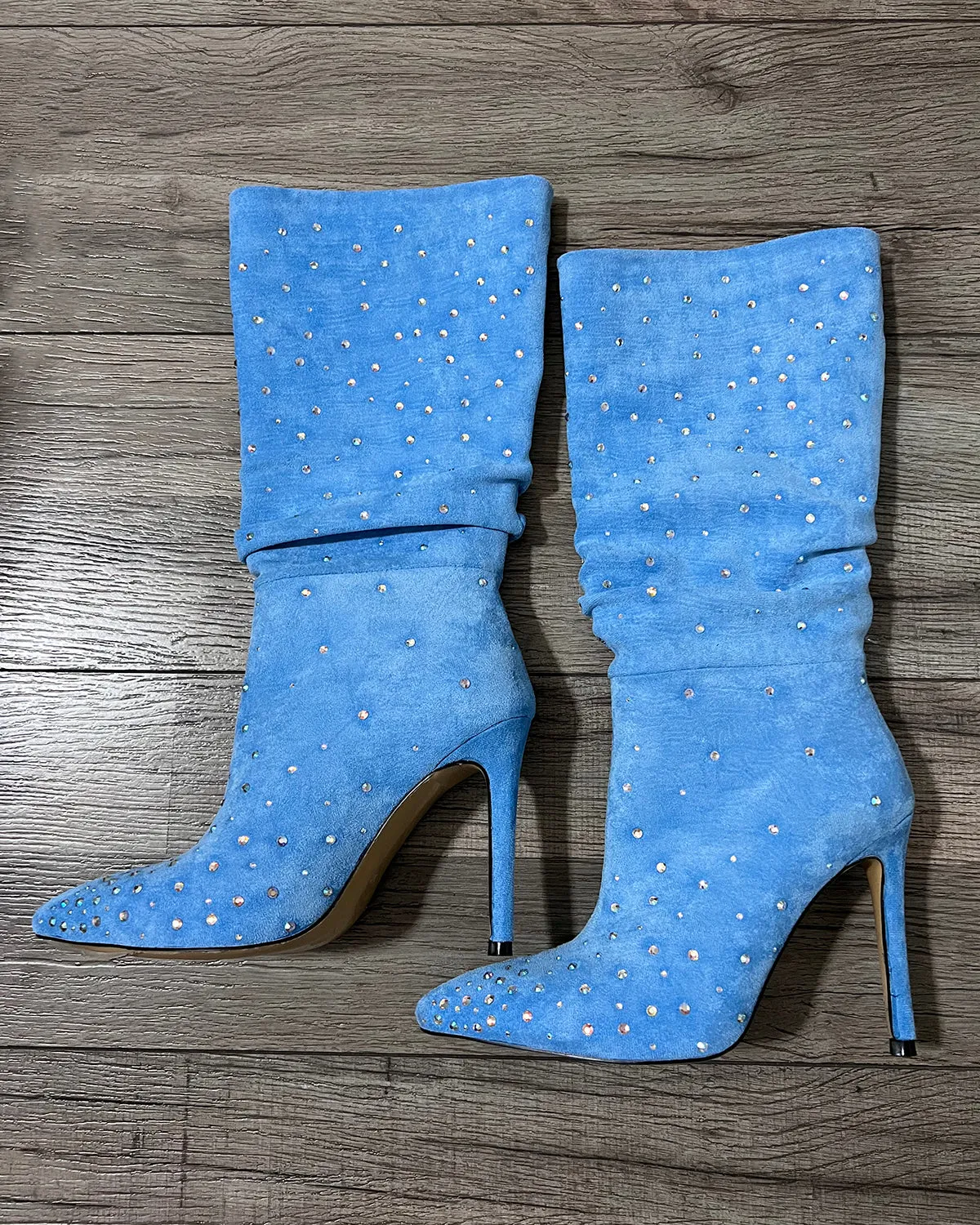 Women suede rhinestone stiletto high heel knee boots