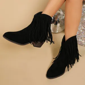 Women's Retro Pointed-toe Frosted Tassel Chunky Heel Martin Boots