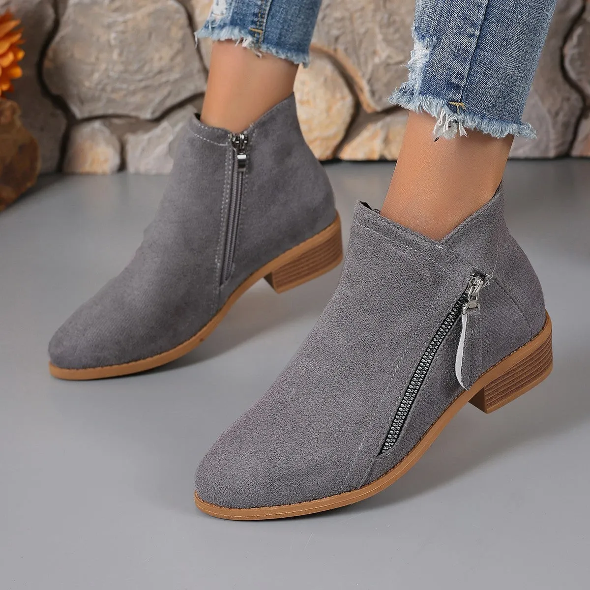 Women's Side Zipper Thick Heel Solid Color Martin Boots
