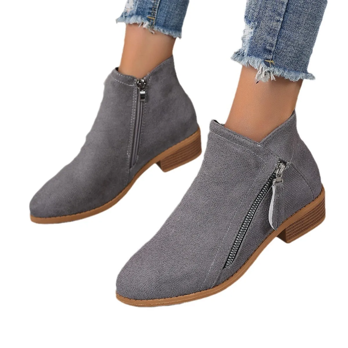 Women's Side Zipper Thick Heel Solid Color Martin Boots