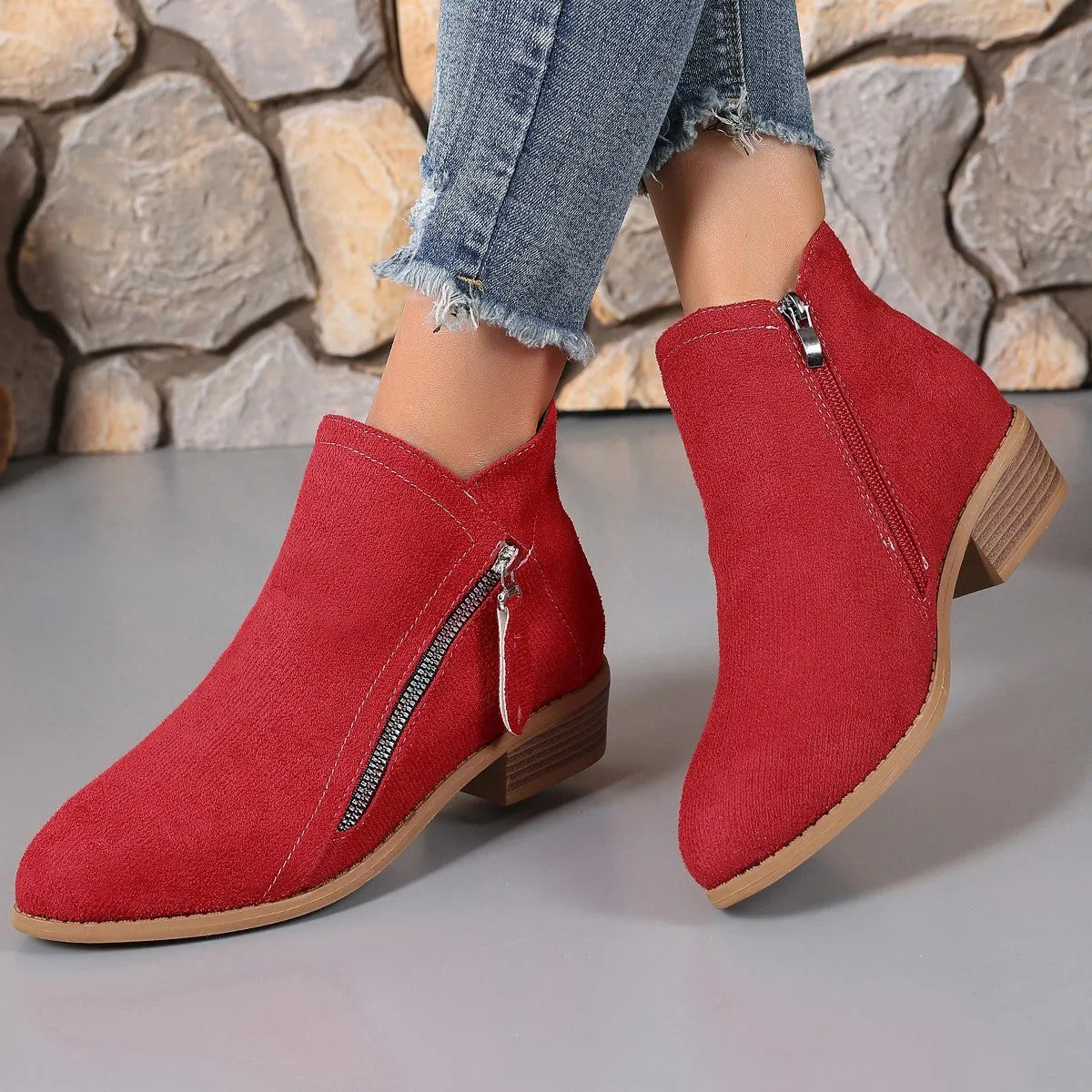 Women's Side Zipper Thick Heel Solid Color Martin Boots
