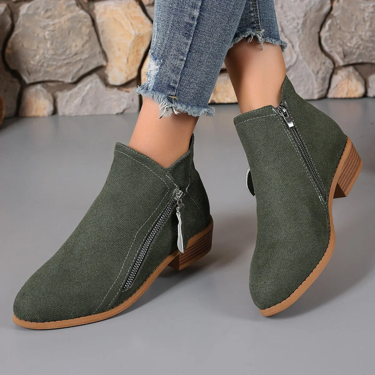 Women's Side Zipper Thick Heel Solid Color Martin Boots