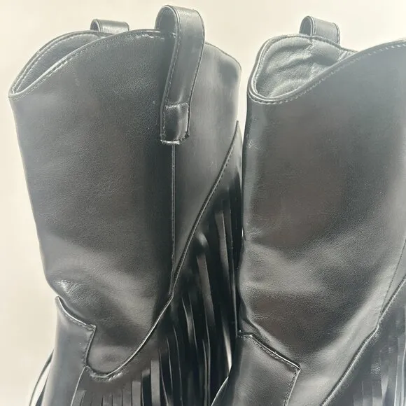 Womens Size 9 Faux Leather Fringe Black Western Ankle Mid Calf Cowboy Boots