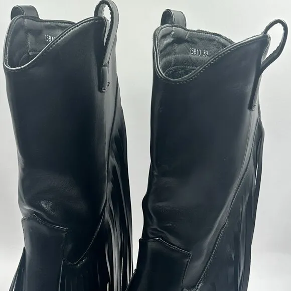 Womens Size 9 Faux Leather Fringe Black Western Ankle Mid Calf Cowboy Boots