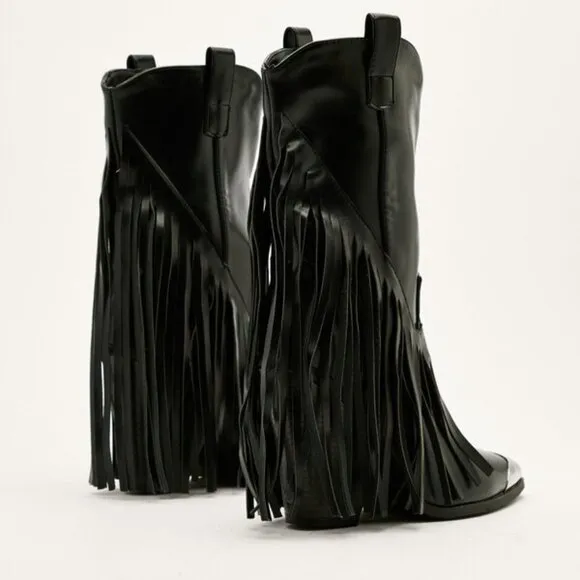 Womens Size 9 Faux Leather Fringe Black Western Ankle Mid Calf Cowboy Boots