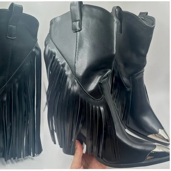 Womens Size 9 Faux Leather Fringe Black Western Ankle Mid Calf Cowboy Boots