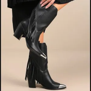 Womens Size 9 Faux Leather Fringe Black Western Ankle Mid Calf Cowboy Boots