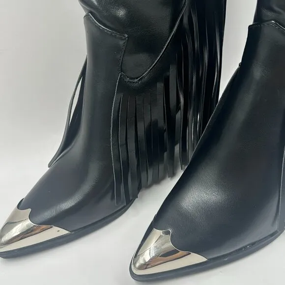 Womens Size 9 Faux Leather Fringe Black Western Ankle Mid Calf Cowboy Boots
