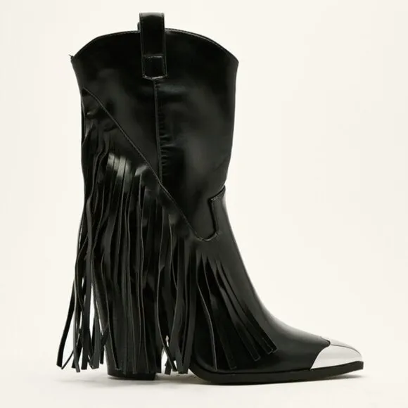 Womens Size 9 Faux Leather Fringe Black Western Ankle Mid Calf Cowboy Boots